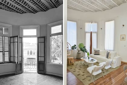 Sillón diseñado a medida (Andrea Deco Home), almohadones (Ikea). Mesa ratona (Casa Maria Paula) y mesa de arrime de tronco (Espacio Rumbita). Alfombra (Caucus.lab), cuadro cúpula (Tamara Fla). Apliques de luz (Mags Design).