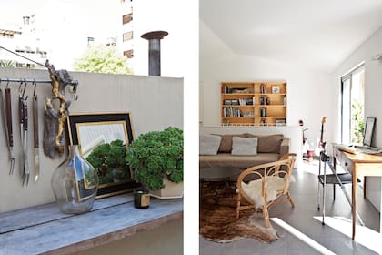 Sillón en L (Martina Correa). La biblioteca fue realizada por el carpintero del Estudio. El escritorio, un hallazgo del Mercado de Pulgas.