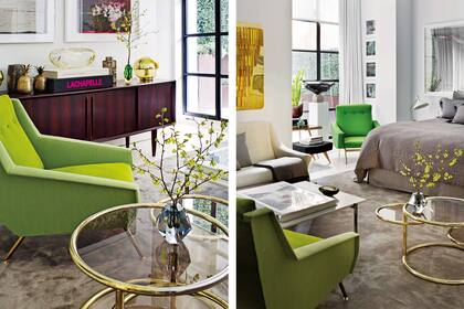 Sillón tapizado en combinación de verdes estilo Gio Ponti y mesita americana. Más verde junto a la cama, con el sillón de Joseph André Motte escoltando una escultura de Dimitri Hadzi.