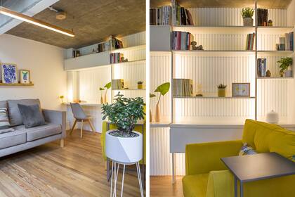 Sillones a medida, biblioteca con iluminación led (todo de LOB Arquitectura) y revestimiento varillado ‘Novel’ (The Flooring Company).