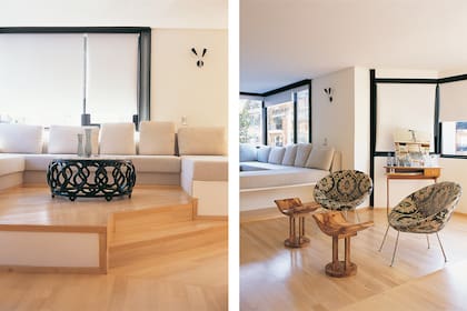 Sillones a medida tapizados en lino y redondos estilo 'Gropius' de terciopelo belga (De Levie). Banquetas de madera (Galería Guevara). , Mesa de cedro ebanizado con tapa de mármol (Onírico)