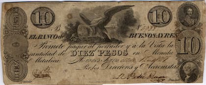 Simón Bolívar, George Washington y el águila calva, ave nacional de los Estados Unidos, en el billete de 10 Pesos Moneda Corriente de 1827