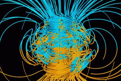 Simulación por computadora del campo magnético terrestre, que es generado por transferencia de calor en el núcleo de la Tierra