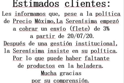 Los comerciantes orientales sostienen que el aumento aplicado por La Serenísima va en contra del congelamiento que impulsa el gobierno nacional