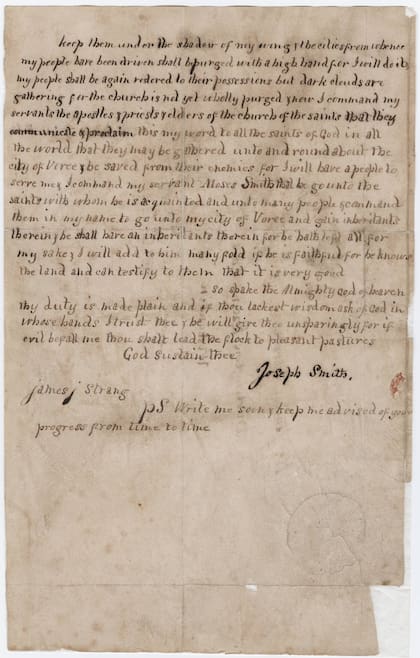 Smith le habría dejado esta carta a Strang para que quedara al mando de los mormones