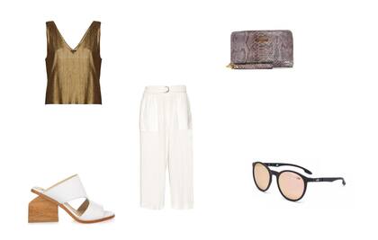 Sobre (Anne Bonny, $1400) Blusa (Clara, $871 sale The Net Boutique) Pantalón (Awada) Sandalias (Sette, $4980) Anteojos (Mormaii)