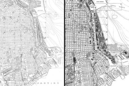 Sobre el costado derecho de cada plano se ve el sector del río que ocupó la Ciudad Deportiva; el primer plano, donde todavía hay río, es de 1959 mientras que el segundo, donde ya se ve tierra, es de 1968
