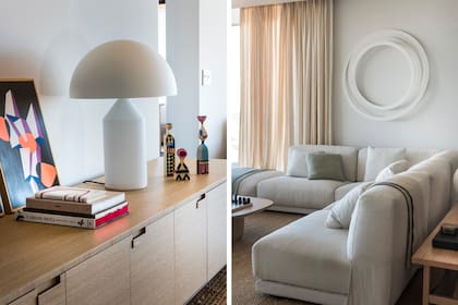 Sobre el mueble-bar ‘Titanes’ firmado por Antonio Citterio (B&B Italia), la clásica luminaria ‘Atollo’, de 1977 (Oluce). Obra perteneciente a la serie “Geometría sensible”, de Guillermo Llaca. Colgando desde las gargantas que ocultan su riel, cortinas de lino.