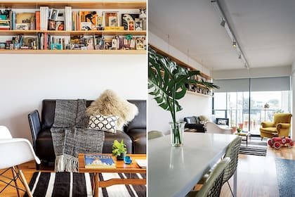 Sobre el sofá de cuero negro del living, manta ‘Ojo de perdiz’ ($3.190) y almohadones estampado y de piel sintética ($1.190, Falabella). Además, autito rojo (Imaginarium)