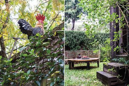 Sobre el verde, una mesa redonda hecha a medida (Pablo Ledesma), deliciosamente acompañada por un asiento semicircular