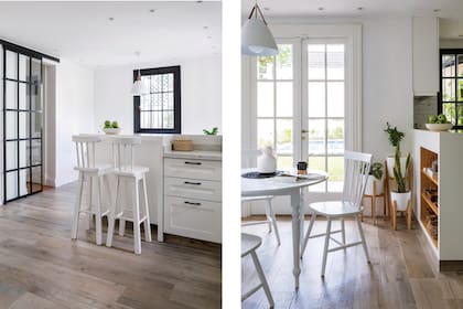 Sobre la barra, frutera en cerámica (Ceylan). En la mesa, mate de cerámica y lenga (Altoestudio Tienda), individual (Valsen), repasador de lienzo (Qué Bonito, Cosas lindas) y termo (Trendy Corner). Macetas en soportes de madera (Casa Divina Muebles Deco) con plantas (Vivero Las Heras).