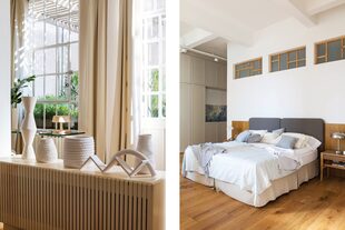 Respaldo de cama en roble con centro entelado (Bimba Estudio), almohadones de pana (Mi Espacio) y manta tejida (Mapuche Hecho a Mano). Mesas de luz (Marini Estudio).