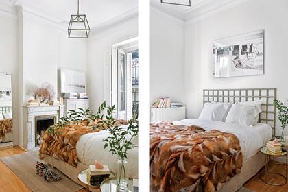 Sobre la chimenea de mármol, una escultura de corales de Teresa de la Pisa y al lado, fotografía de Joaquín Crespo Candela. La cama tiene un respaldo hecho por María con un cerco metálico de jardín y una manta de piel (Ramiro Guardiola).