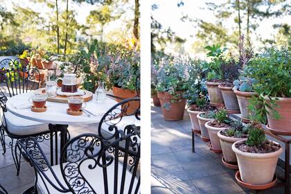 Tazas de té (Barral Casa), platos de corcho (Ikea), tetera (comprada en viaje), florero (Ambardeco), cucharitas de té, azucarera (heredadas), servilletas y posatetera (Agustina Cerato Deco).