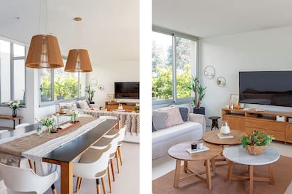 En el living, aparador de madera (Gea Interiores), cuadros y velas (Fedra Home); sillones con fundas blancas y almohadones (Mimi Home Love). Mesas bajas (Gea Interiores).