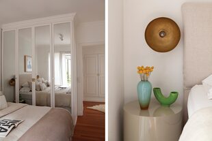 Sobre la mesa de luz laqueada (Nisla Estudio), florero ‘Ceramic’ verde (Pasionarias del Bajo) y lámpara ‘Martelé’ en bronce (Casa Sixta).