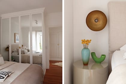 Sobre la mesa de luz laqueada (Nisla Estudio), florero ‘Ceramic’ verde (Pasionarias del Bajo) y lámpara ‘Martelé’ en bronce (Casa Sixta).