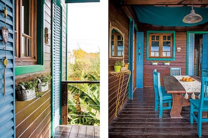 En las sillas, celosías y marcos combinaron el ‘Azul Traful’ y el ‘Verde Esmeralda’ de Kem Lustral por el contraste que generan sobre la madera oscura.