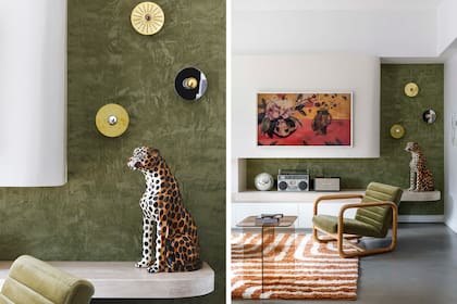 Sobre la mesada –que en el extremo es flotante–, leopardo (Alvear Retro) y apliques ‘Aura’ de bronce y cromo (Estudio Molé). Sillón vintage restaurado por Muebles Compadritos, con pana de De Levie. Alfombra ‘Shabby Plush Laberinth Cobre’ (Mihran).