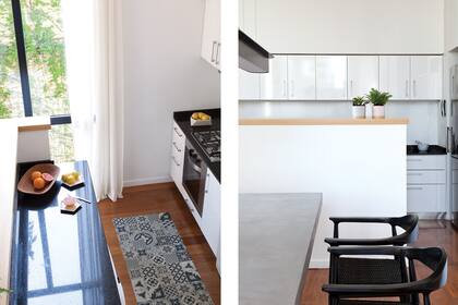 Sobre la mesada y barra, cuenco y platos de cerámica (Sólido Platónico). En el piso, alfombra vinílica con diseño de calcáreos del Siglo XX (Casa Estrada).