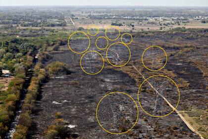 Sobrevuelo en helicóptero sobre la zona incendiada debajo de las torres de alta tensión que el miércoles dejó sin electricidad a una gran parte del país
