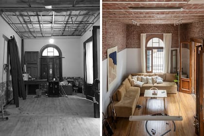 Sofá a medida tapizado en pana (Telas Oñate) y almohadones con géneros de De Levie y Tienda Mayor. Colgado detras del sofá, tapiz ‘Sierra’ (Elementos Argentinos).