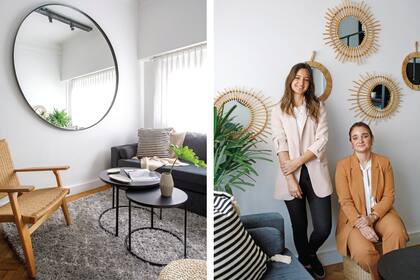 Sofá-cama ‘Izaro’ (Kumi Deco), almohadones rayados (Vint Market). Alfombra (Mihran), mesas de centro ‘Net’, silla de madera (todo de Vint Market). Dentrás de Rocío y Natalia, espejos con marcos de ratán (Kala Aromas).