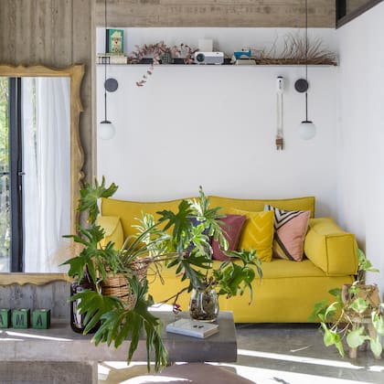Sofá con funda en color maíz (Sillones Rumar). Las plantas del balcón entran en cada rincón de la casa, para acentuar el contacto interior-exterior.