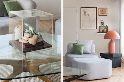 Sofá modular (Rosa Benedit) con almohadones (Good Luck Casa). Escultura de reptil en resina epoxi, del argentino Pablo Suárez.