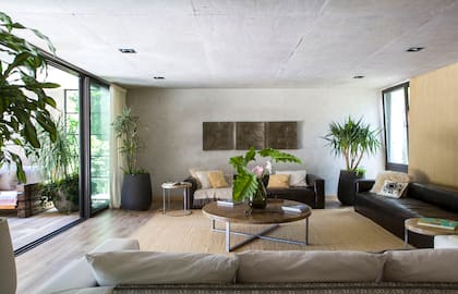 Sofás de cuero (By Ignacio Ortiz), almohadones y manta (Cozy Home Deco), alfombra de yute rústico. Macetas de fibrocemento con pintura plástica tipo Tarquini (Macetas La Cioppa).