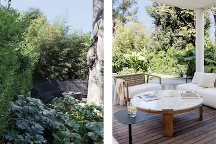 Sofás ‘Volcán’ con estructura de hierro y tejidos en soga náutica y sillón ‘Saturno’ con respaldo de cuero trenzado y mesa de centro ‘Sumo’ con base de madera y tapa de mármol (todo Estudio XFB Arquitectura y Decoración).