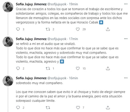 Sofía Jujuy Jimenez publicó durísimos mensajes sobre Horacio Cabak luego de la filtración de los audios del conductor