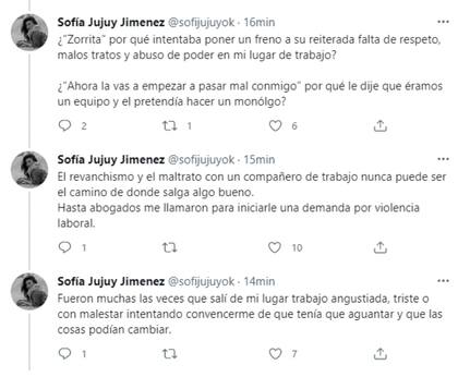 Sofia "Jujuy" Jiménez tuiteó duros comentarios sobre su etapa como compañera de trabajo de Horacio Cabak