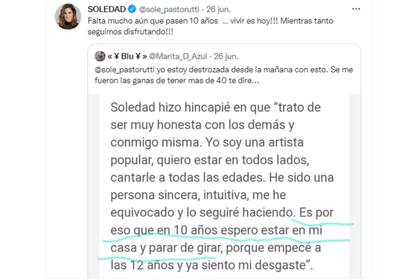 Soledad se refirió a sus declaraciones y le respondió a una fan (Foto: Twitter @sole_pastorutti)