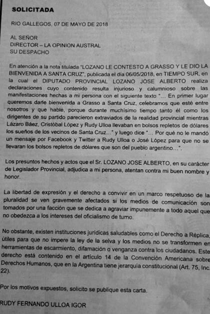 Solicitada publicada en el diario La Opinión Austral