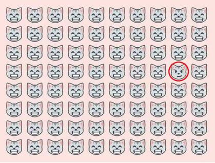 Solución: el rostro con el gato diferente se halla en la segunda columna, cuarta posición, de derecha a izquierda