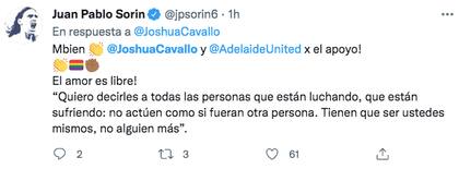 Sorín respondió el tuit de Cavallo y felicitó al Adelaida United por su apoyo al jugador