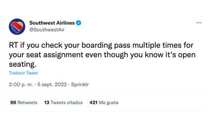 Southwest Airlines compartió que sus asientos son libres