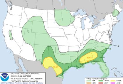 SPC alerta riesgo leve de tormentas severas en el sur y este de EE.UU. con posibilidad de tornados aislados en Texas y Oklahoma este martes