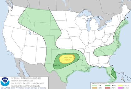 SPC emite alerta nivel dos: granizo de cinco cm amenaza norte de Texas y sur de Oklahoma esta tarde-noche