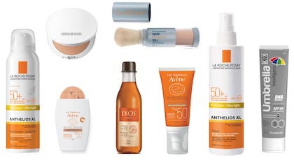 Spray Anthelios +50 y maquillaje compacto ($635 y $659, La Roche Posay); Fluido mineral con color para el rostro ($430, Avene); Protector solar en aceite Ekos Buruti 30 ($375.- Natura); Polvo volátil +50 ($535, Isdin); Solar antiedad +50 ($430, Avene); Anthelios spray +50(635, La Roche Posay) y Umbr