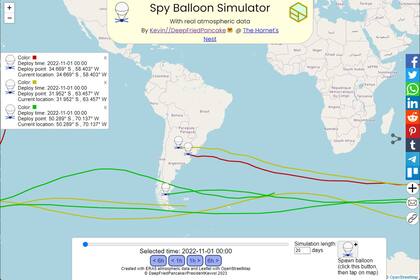 Spy Balloon Simulator permite calcular cuál sería el viaje de un globo espía lanzado desde cualquier parte del planeta