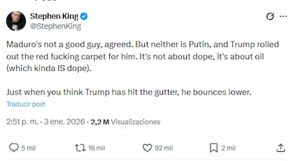 Stephen King criticó en X las acciones tomadas por el gobierno de los Estados Unidos en Venezuela