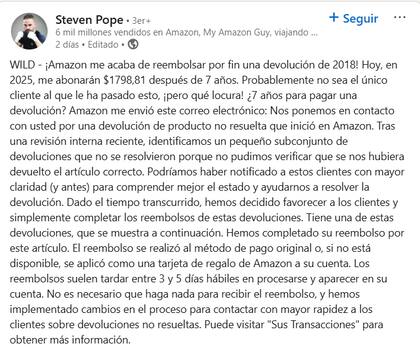 Steve Pope, cliente de Amazon, recibió esta semana un reembolso inesperado de más de US$1700 por compras devueltas hace más de siete años
