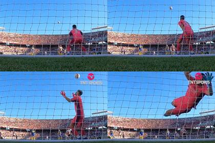 Su gol contra Boca, visto desde atrás de la red del arco custodiado por Agustín Rossi