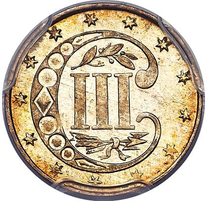 Su valor nominal es de tres centavos, algo distintivo para la época, ya que se requería facilitar el cambio en un sistema monetario donde aún circulaban monedas extranjeras