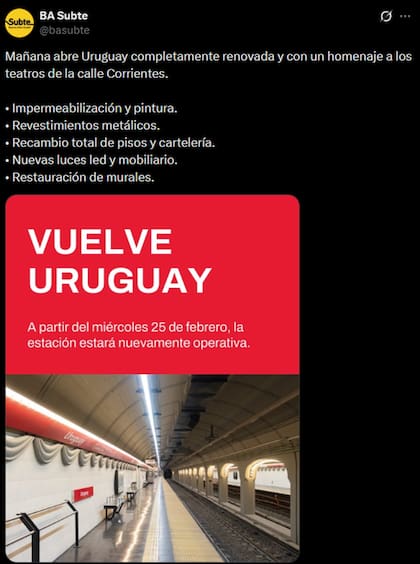Subterráneos de Buenos Aires confirmó la reapertura de la estación Uruguay en la línea B