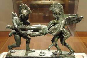 Sueño y muerte llevando el sarpedón asesinado (mango de cista), 400-380 a.C., etrusco, bronce - Museo de Arte de Cleveland