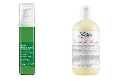Suero reafirmante del busto (Elancyl, $430). Crema para el cuerpo con betacarotenos (Kiehl´s, $900)
