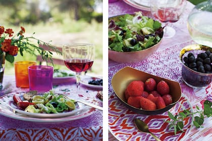 Sugerencia para mezclar vajilla: respetar la altura de las piezas, como se ve en los vasos cortos y en las copas. Así se logra variedad e identidad.